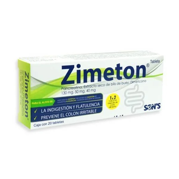 Zimeton 130mg/50mg/40mg Tabletas C/20 — Pancreatina,Extracto seco de Bills de Buey, Dimeticona